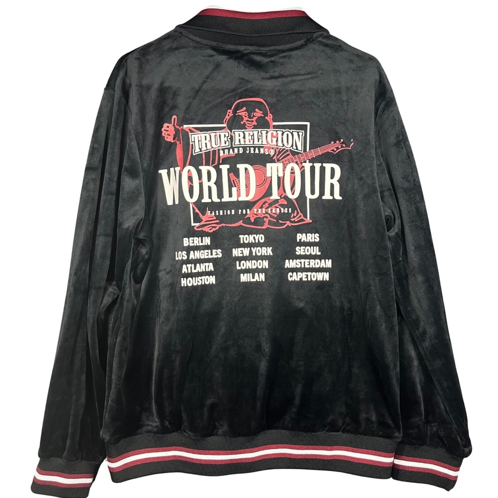True Religion Track Jacketâ Mens Medium Black Velour World Tour Graphic Full Zip